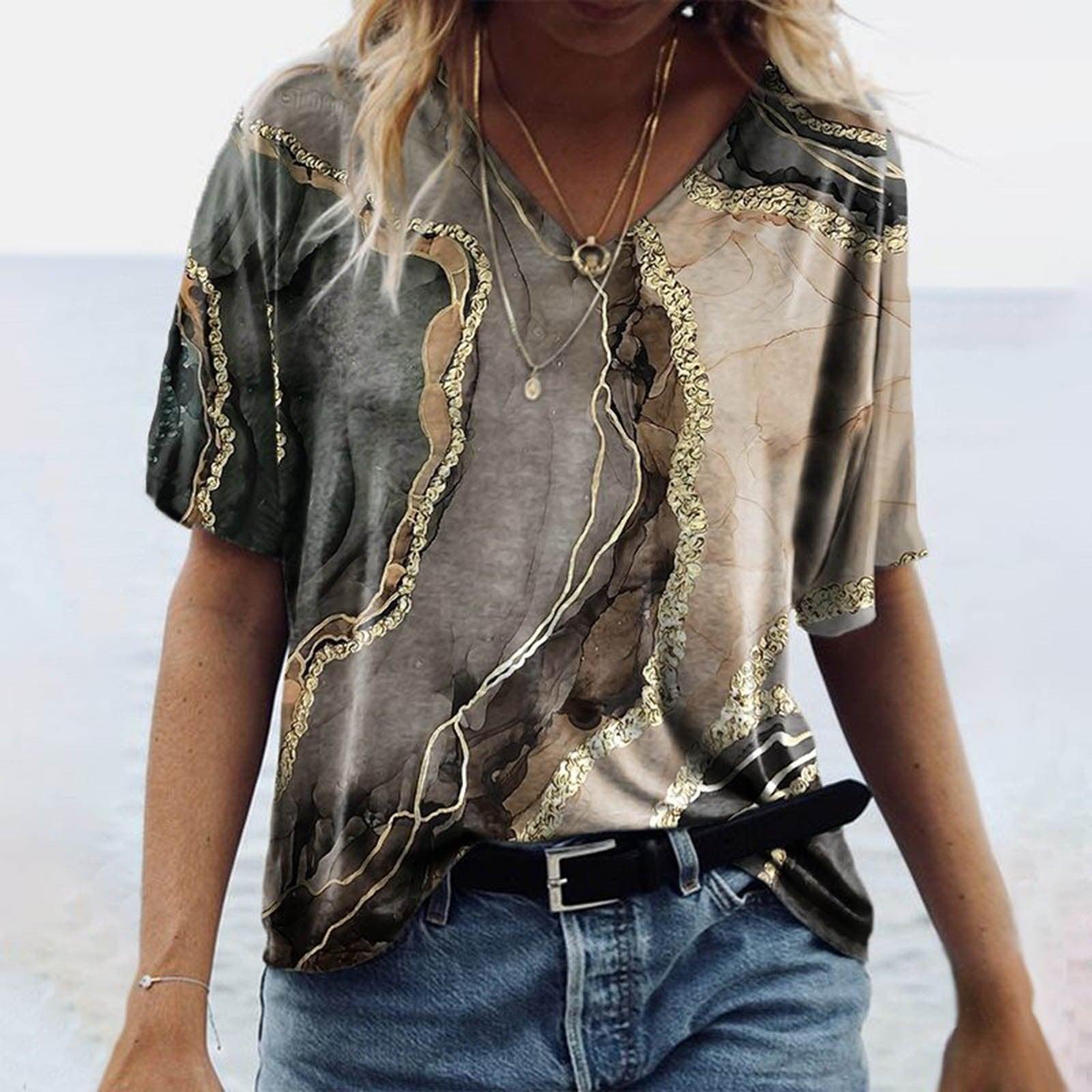 Women's Spring Glitzy V-Neck Short Sleeved Marble Print Top Country in My Heart