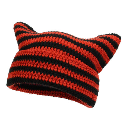 Women’s Hand Knitted Striped Cat Hat – Cute Warm Winter Beanie FitiqueFit