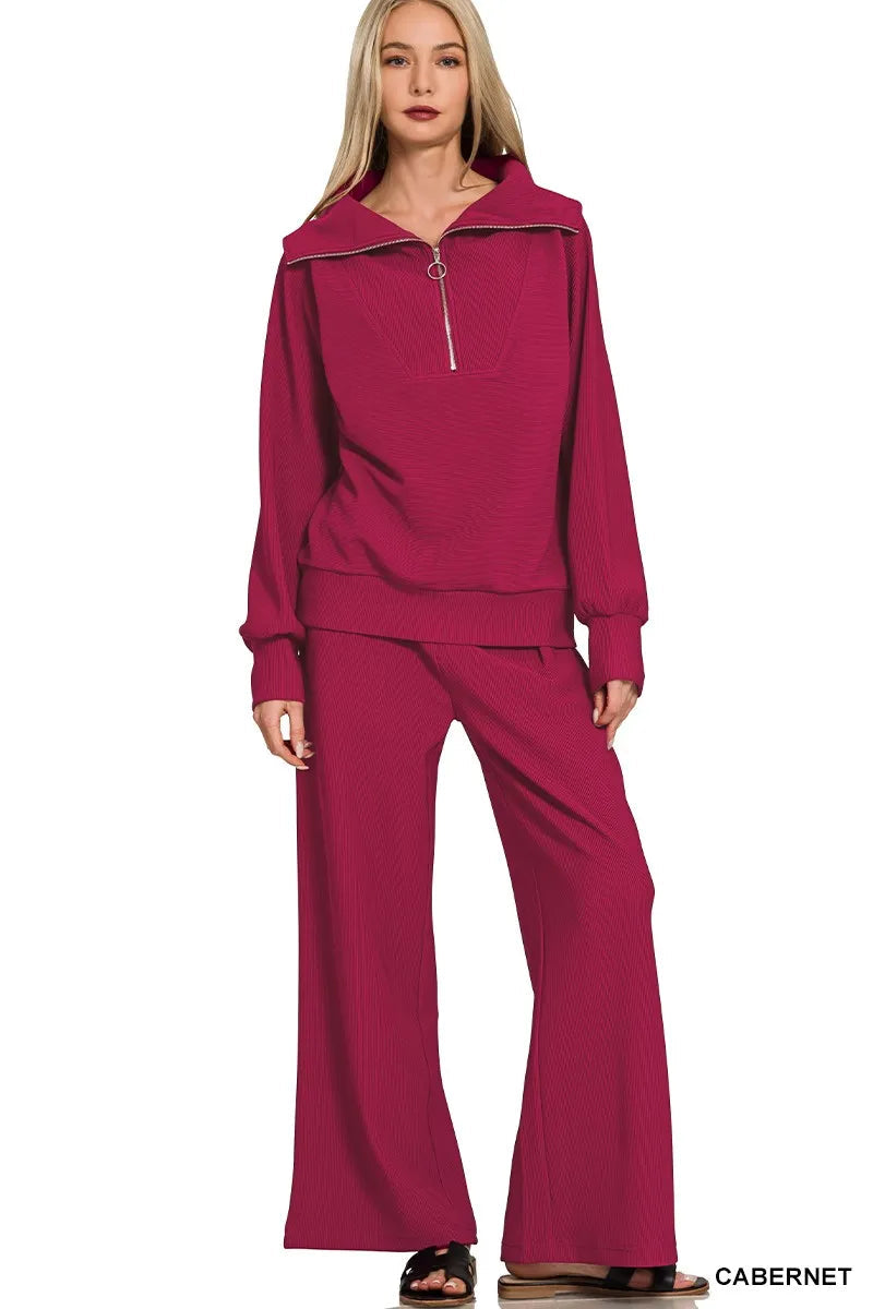 Zenana Ribbed High Neck Half Zip Pullover & Pants Set West2East Surf