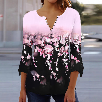 Women’s Printed Spike Button Three-Quarter Sleeve Casual Top FitiqueFit