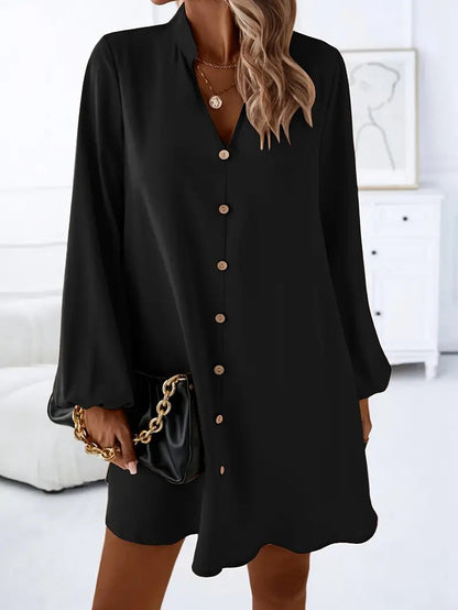 Women's V-Neck Long Sleeve Single-Breasted A-Line Dress FitiqueFit