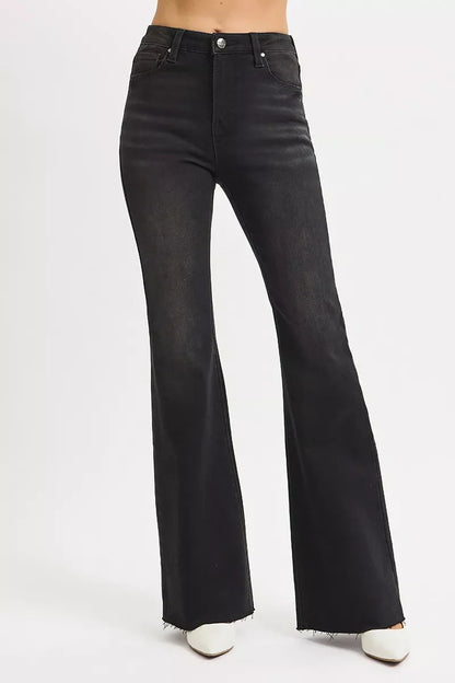 RISEN Full Size High Rise Flare Raw Cut Hem Jeans Plus Size Garden Naked Curves