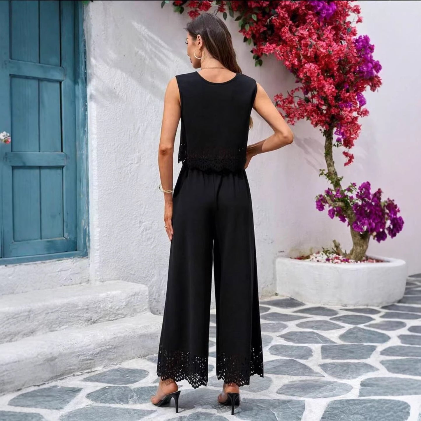 Women's Resort-Style Hollow-Out Tank Top & Pants Set – 2-Piece with Pockets FitiqueFit