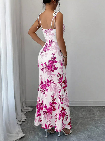 Printed Tie Strap Slit Maxi Dress New Era Fashion LLc