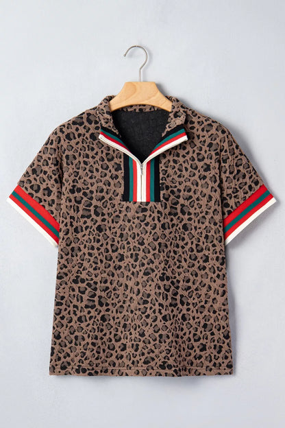 Leopard Jacquard Striped Patchwork Half Zip Short Sleeve Blouse New Era Fashion LLc
