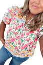 Pink Plus Size Floral Print Striped Trim V Neck Blouse Garden Naked Curves