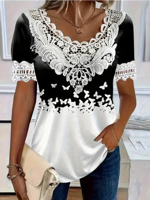 Women's Lace Patchwork Crew Neck Short Sleeve T-Shirt FitiqueFit