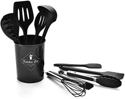 Premium Silicone Kitchen Utensil Set - Heat-Resistant Non-Stick Cooking Tools with Stylish Black Holder