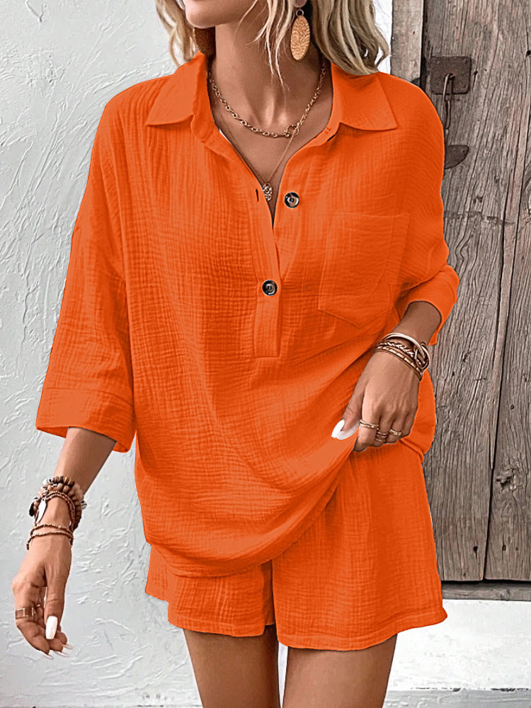 Women's Lapel Collar Double-Panel Shirt & Shorts Two-Piece Set FitiqueFit