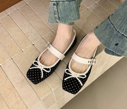 Polka Dot Bow Mary Jane Ballet Flats – Suede Slip-On FitiqueFit