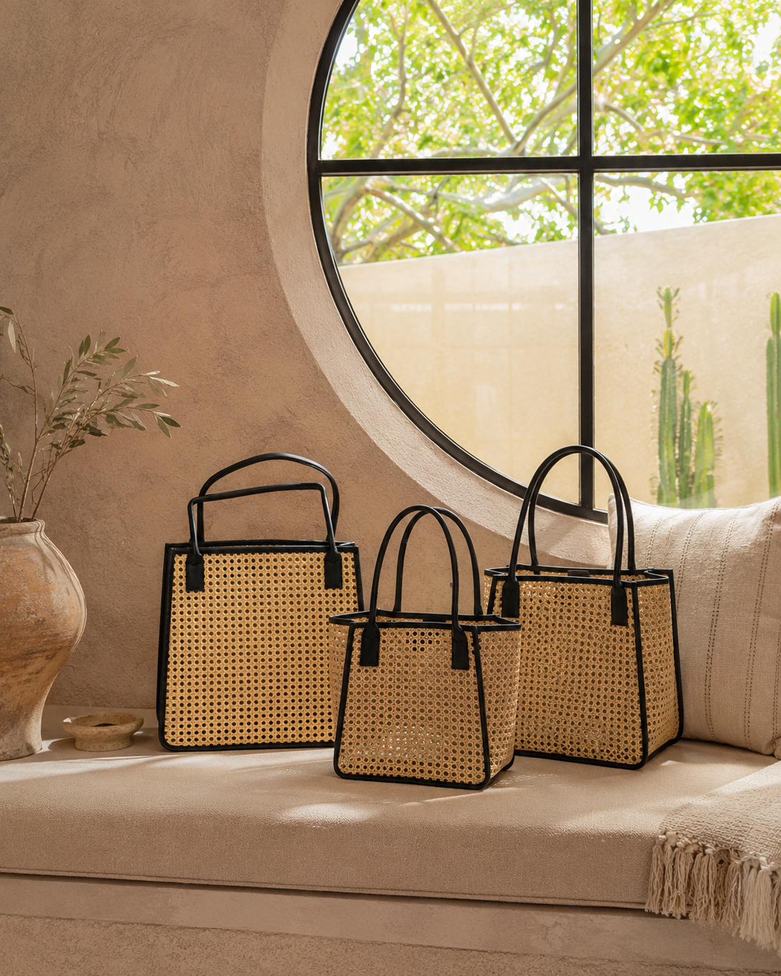 Citra Leather and Rattan Tote Bag Village Thrive