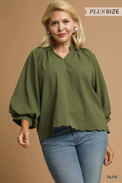 Umgee Full Size Textured Notched Balloon Sleeve Blouse Plus Size Garden Naked Curves