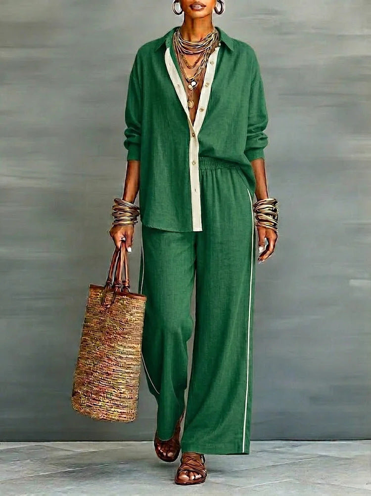 Contrast-Color Long-Sleeve Shirt & Pants Set – Two-Piece FitiqueFit