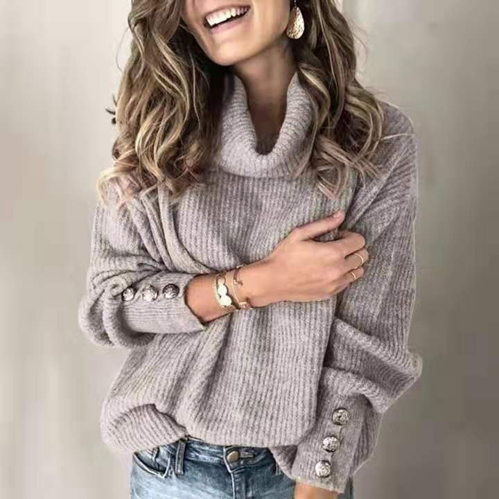 Women’s High Collar Knitted Sweatshirt – Long Sleeve Casual Pullover FitiqueFit