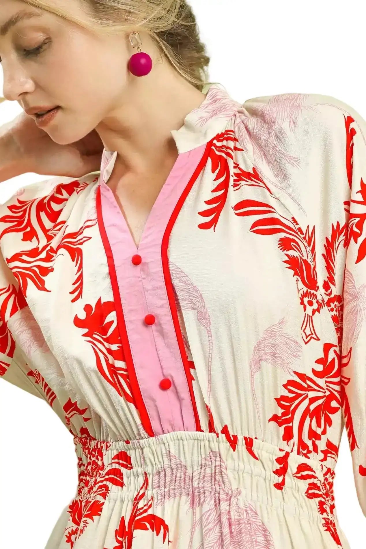 Umgee Tropical Print Button Detail Midi Dress West2East Surf
