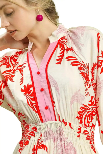 Umgee Tropical Print Button Detail Midi Dress West2East Surf