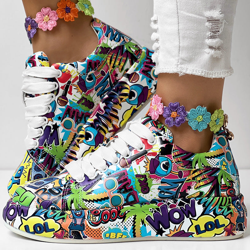 Women's Casual Round Toe Thick Sole Lace-Up Sneakers, Random Print Design, Comfortable Sporty Shoes For Daily Wear See size chart under “more details” The Fashion Celestial