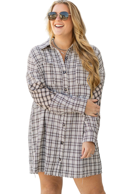 White Stripe Plus Size Plaid Buttoned Raw Hem Tunic Shirt Dress Garden Naked Curves
