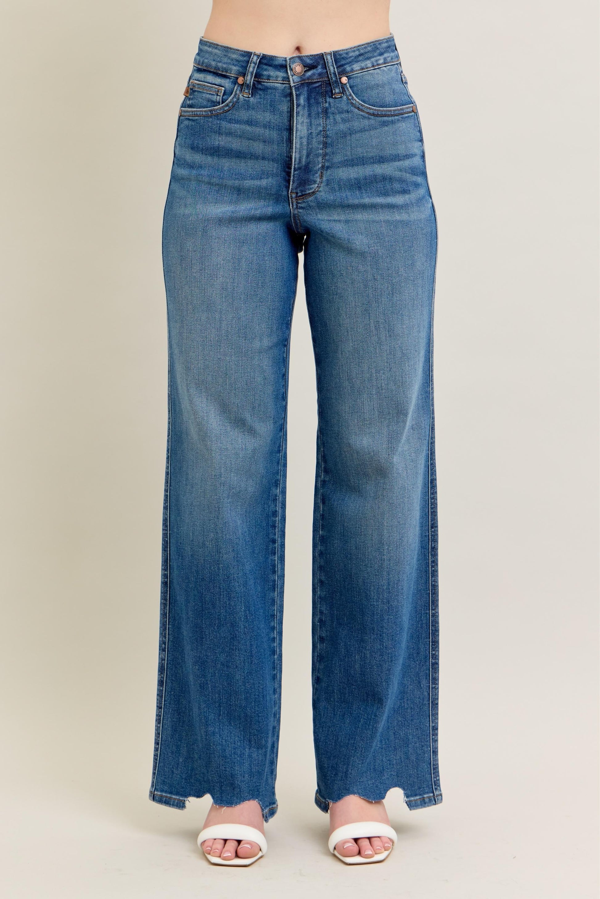 Judy Blue Full Size High Waist Tummy Control Chew Hem Destroy Wide Jeans Plus Size Garden Naked Curves