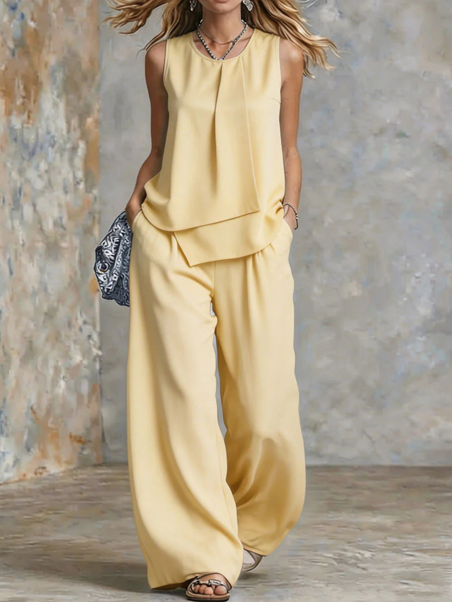 Women's Sleeveless Two-Piece Set – Solid Color Wide-Leg Pants & Top FitiqueFit