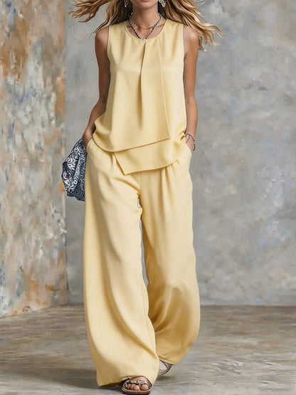 Women's Sleeveless Two-Piece Set – Solid Color Wide-Leg Pants & Top FitiqueFit
