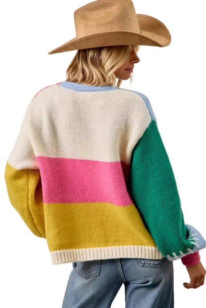 BiBi Color Block Open Front Sweater Cardigan West2East Surf