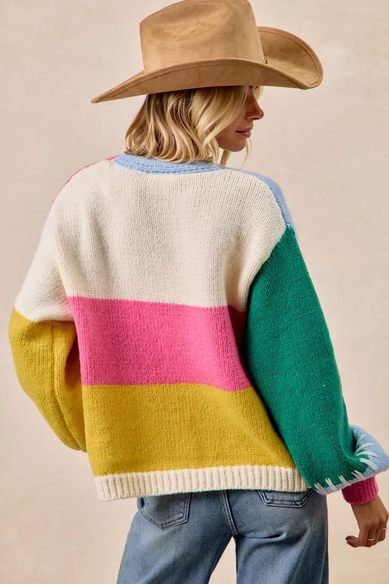 BiBi Color Block Open Front Sweater Cardigan FitiqueFit