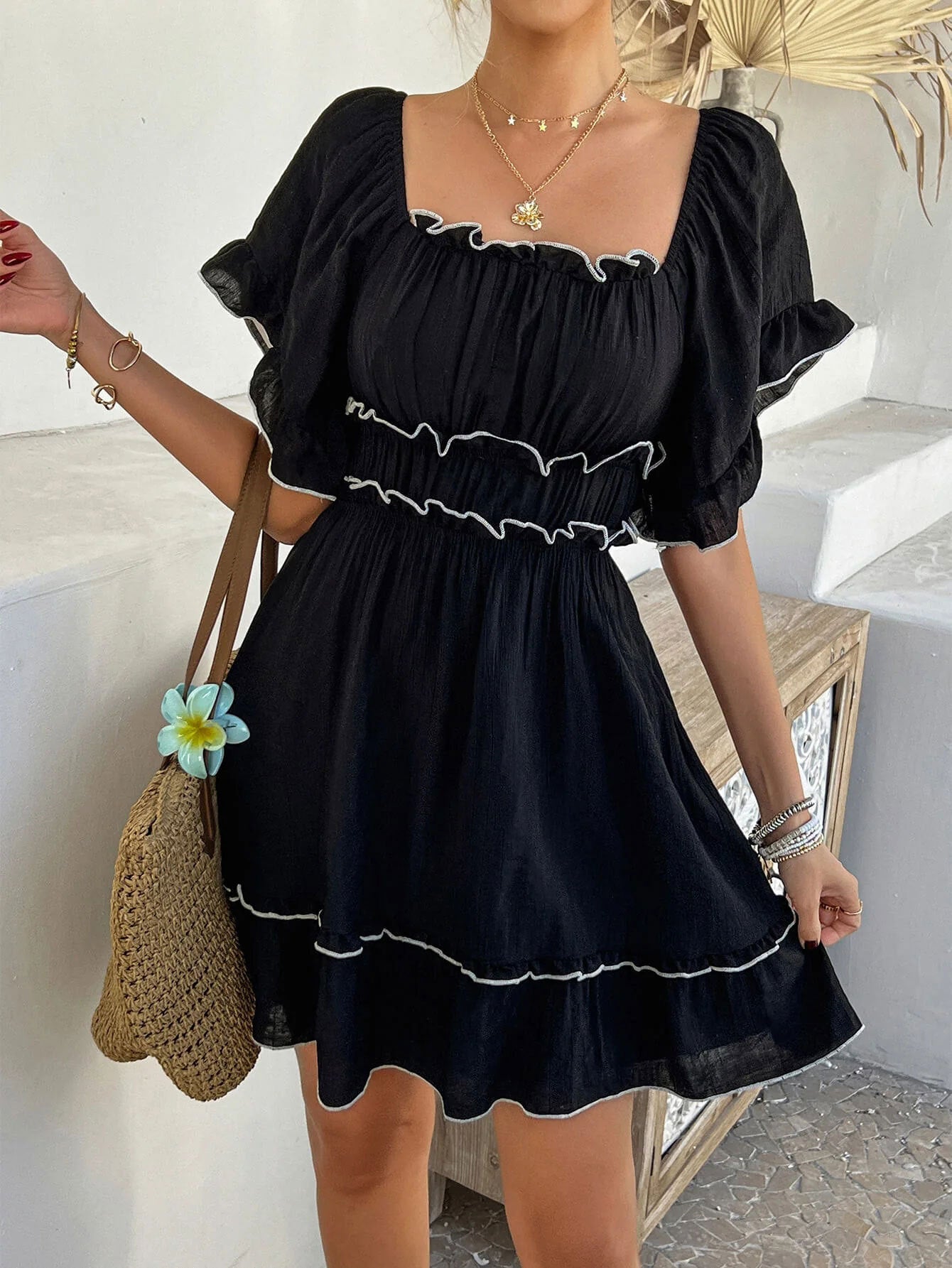 Women’s French Style Square Neck Dress – Ruffled Short Sleeve Elegance FitiqueFit