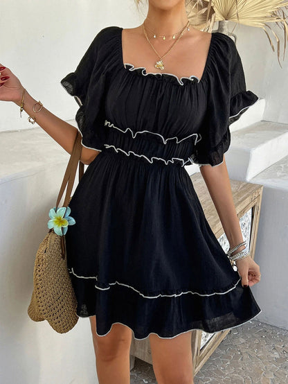 Women’s French Style Square Neck Dress – Ruffled Short Sleeve Elegance FitiqueFit