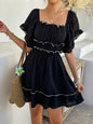 Women’s French Style Square Neck Dress – Ruffled Short Sleeve Elegance FitiqueFit