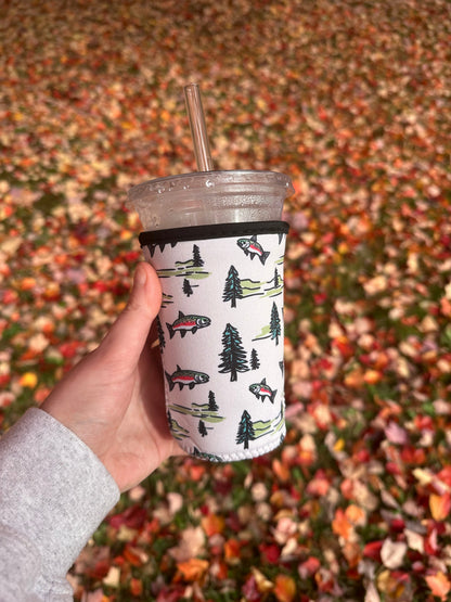 Trout and pines Coffee Sleeve | Reusable Neoprene Iced Coffee Cup Cover 16-24oz Cowboy Print Eco-Friendly Insulator for Grande & Venti Cups BashDesignsCo