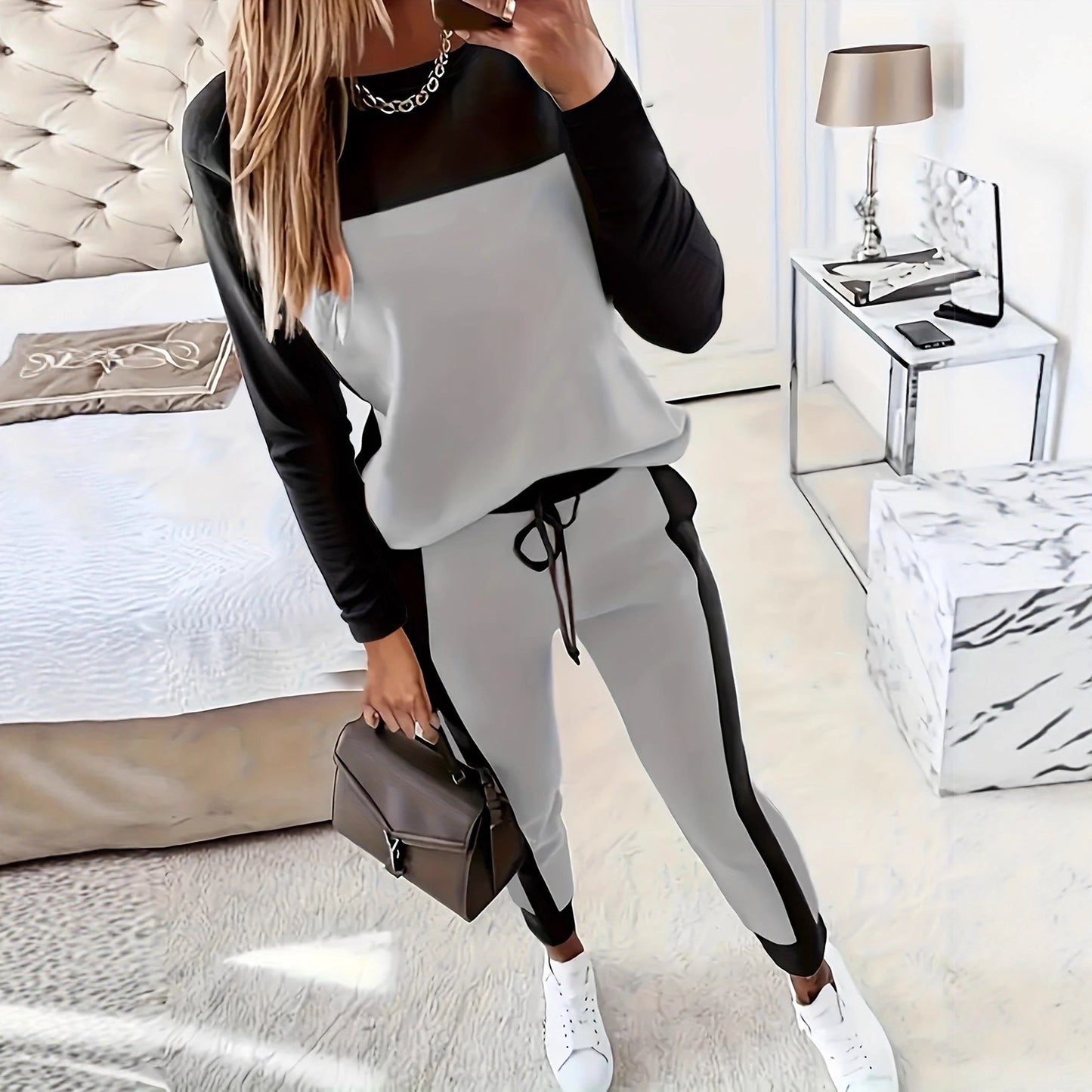 Women's Korean-Style Hoodie & Pants Two-Piece Set – Casual Patchwork FitiqueFit