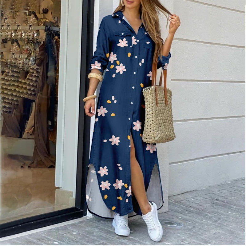 Women's Lapel-Collar Long Shirt Dress – Floral Print Midi Relaxed Fit FitiqueFit