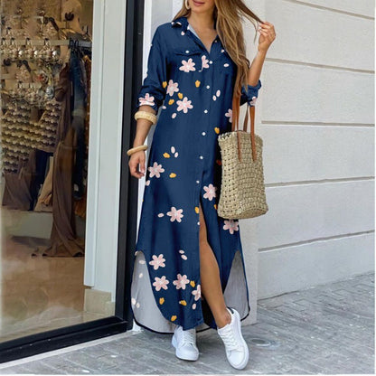 Women's Lapel-Collar Long Shirt Dress – Floral Print Midi Relaxed Fit FitiqueFit