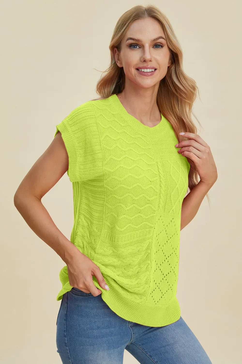 Double Take Full Size Cable-Knit Round Neck Cap Sleeve Sweater New Era Fashion LLc