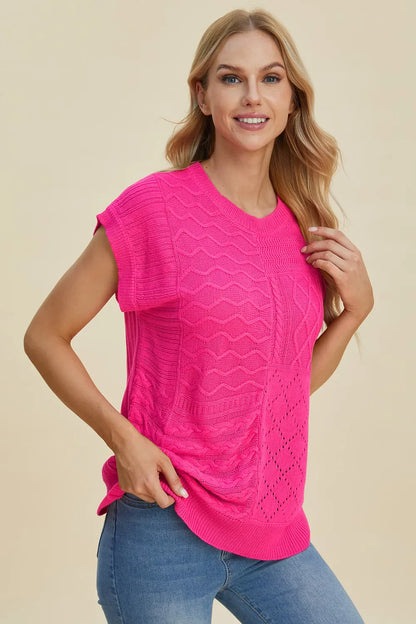 Double Take Full Size Cable-Knit Round Neck Cap Sleeve Sweater New Era Fashion LLc