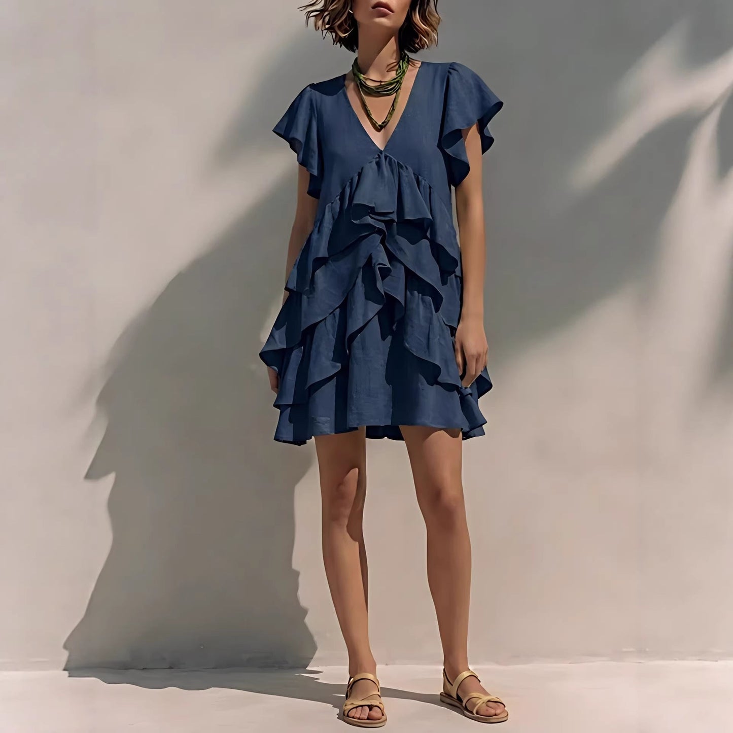 Women's V-Neck Ruffle Sleeve Casual Loose Dress FitiqueFit