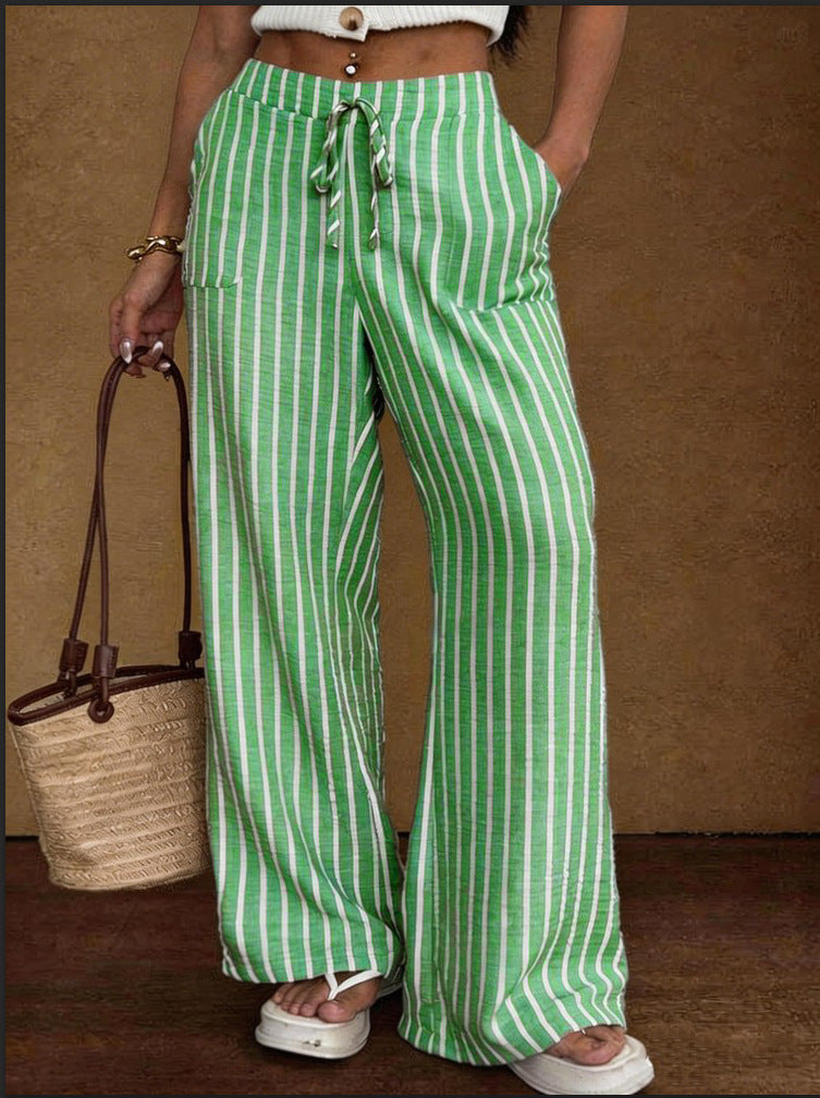 Women's Striped Wide-Leg Trousers – Lace-Up Elastic Waist Loose Fit FitiqueFit