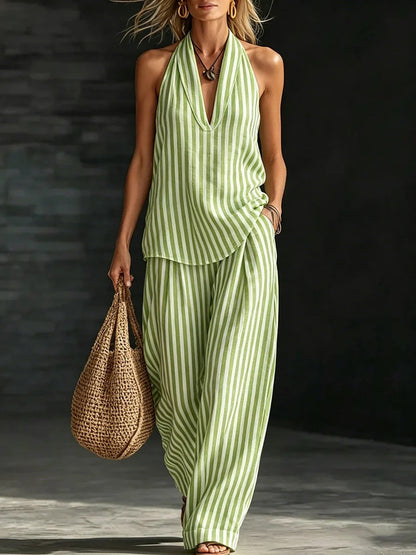 Women's Striped Sleeveless Top & Wide-Leg Pants Set – Fashionable 2-Piece FitiqueFit