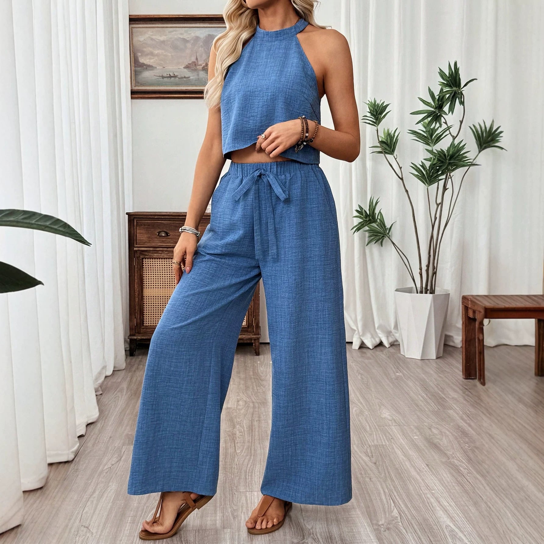 Women's Halter Neck Cropped Top & Wide-Leg Pants Two-Piece Set FitiqueFit