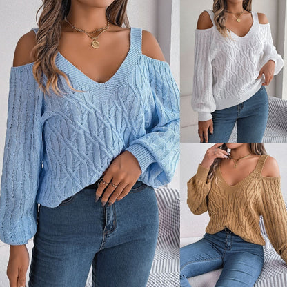 Fried-Dough Twist Off-Shoulder Lantern Sleeve Sweater FitiqueFit