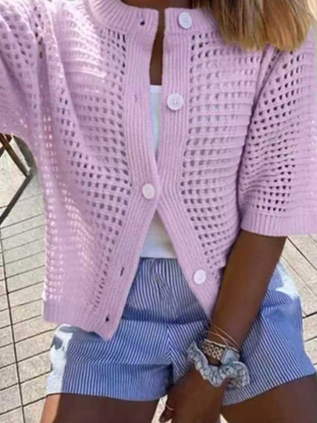 Women's Hollow-Out Knit Cardigan – Open Front, Short Sleeve, Solid Color FitiqueFit