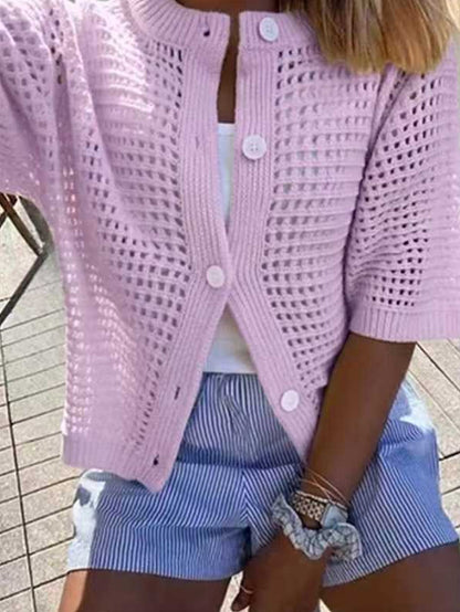 Women's Hollow-Out Knit Cardigan – Open Front, Short Sleeve, Solid Color FitiqueFit