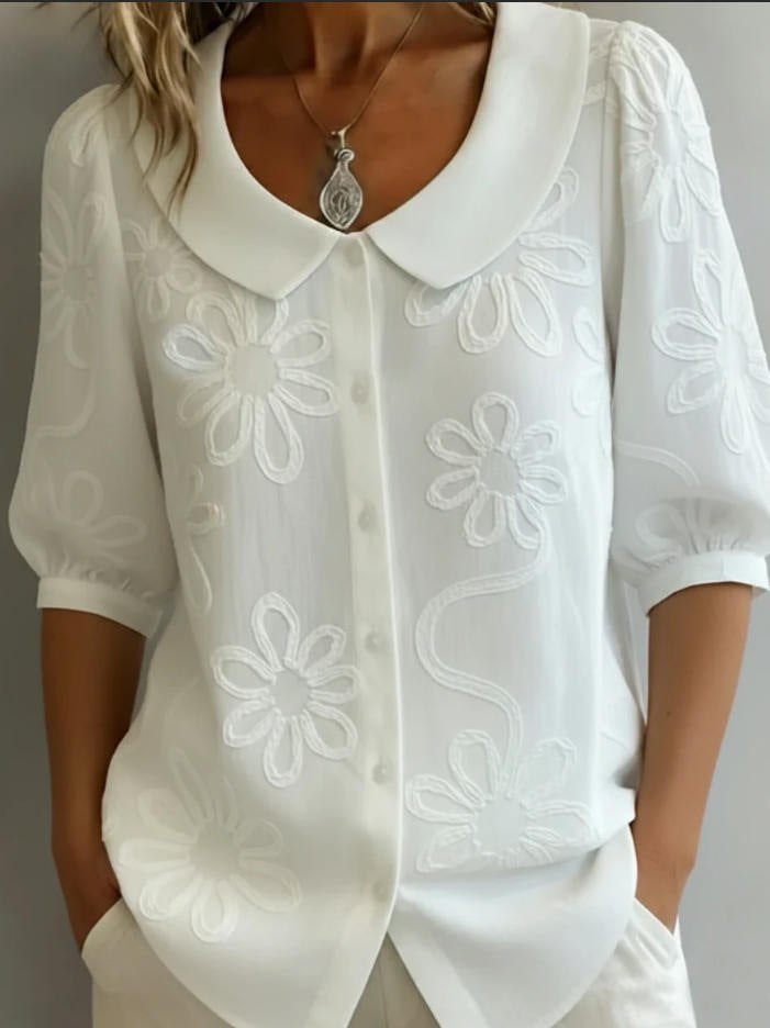 Women's Loose-Fit Retro 3D Embroidered Floral Shirt – Buttoned Casual Top FitiqueFit