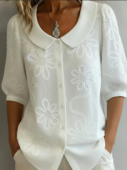 Women's Loose-Fit Retro 3D Embroidered Floral Shirt – Buttoned Casual Top FitiqueFit
