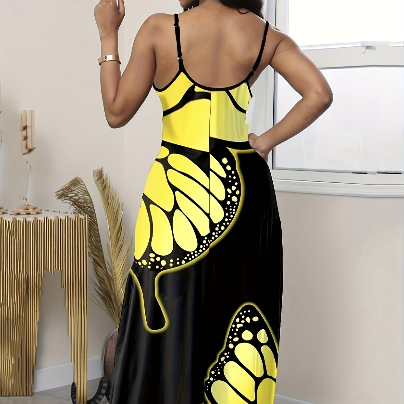 Ladies' V-neck Fashionable Butterfly Print Black Long Skirt Dress Grayceful LLC
