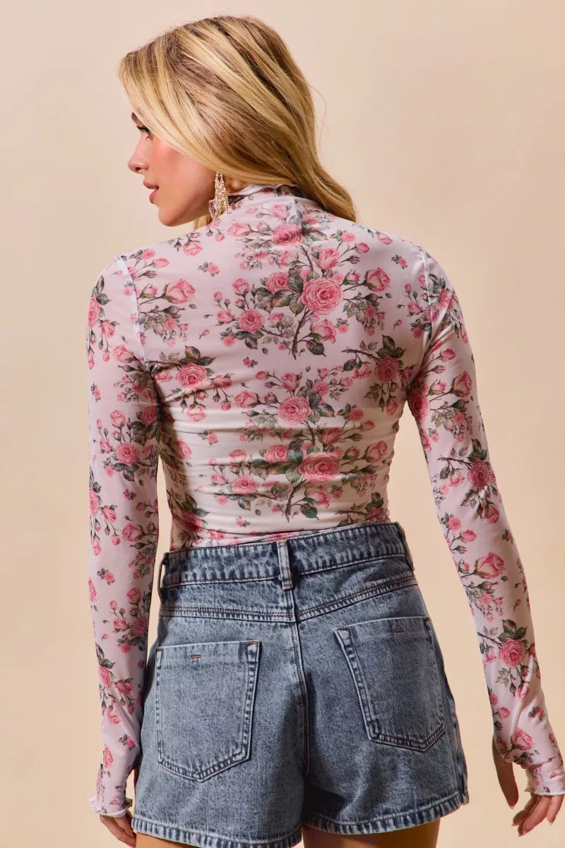SO ME Floral Rose Print Mesh Sheer Layering Top New Era Fashion LLc