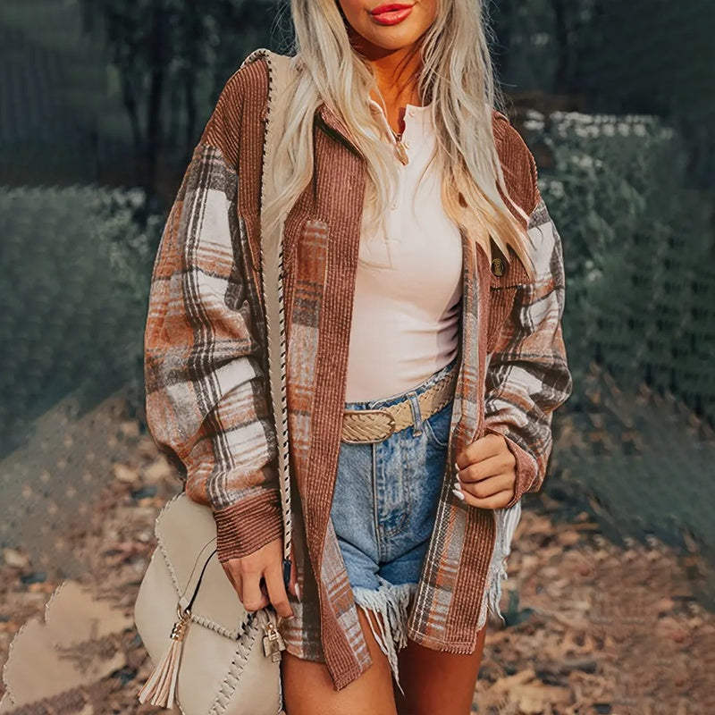 Women's Notch Lapel Check Print Long Sleeve Shirt FitiqueFit