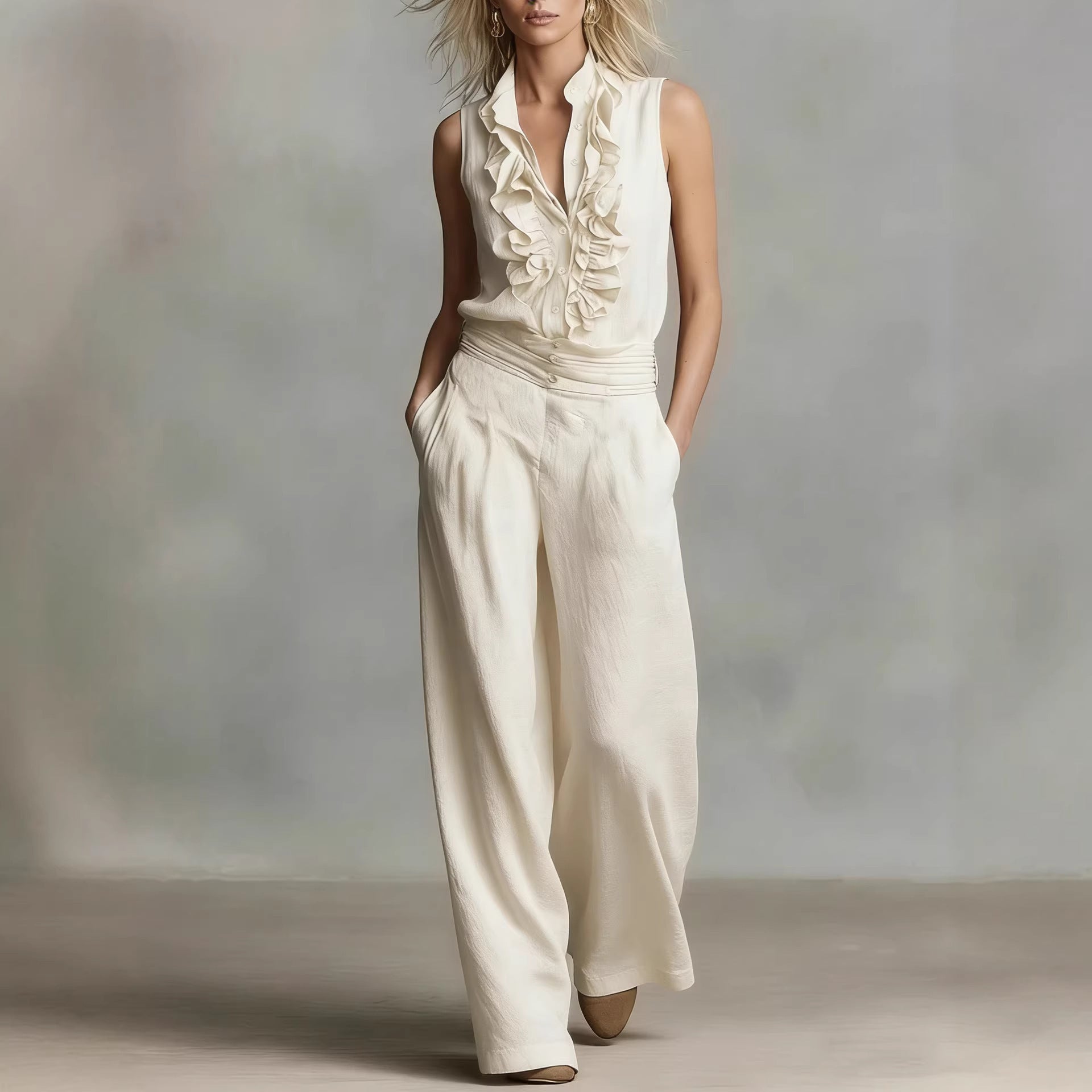 Women’s Linen Blend Two-Piece Set – Sleeveless Shirt & Wide-Leg Pants FitiqueFit
