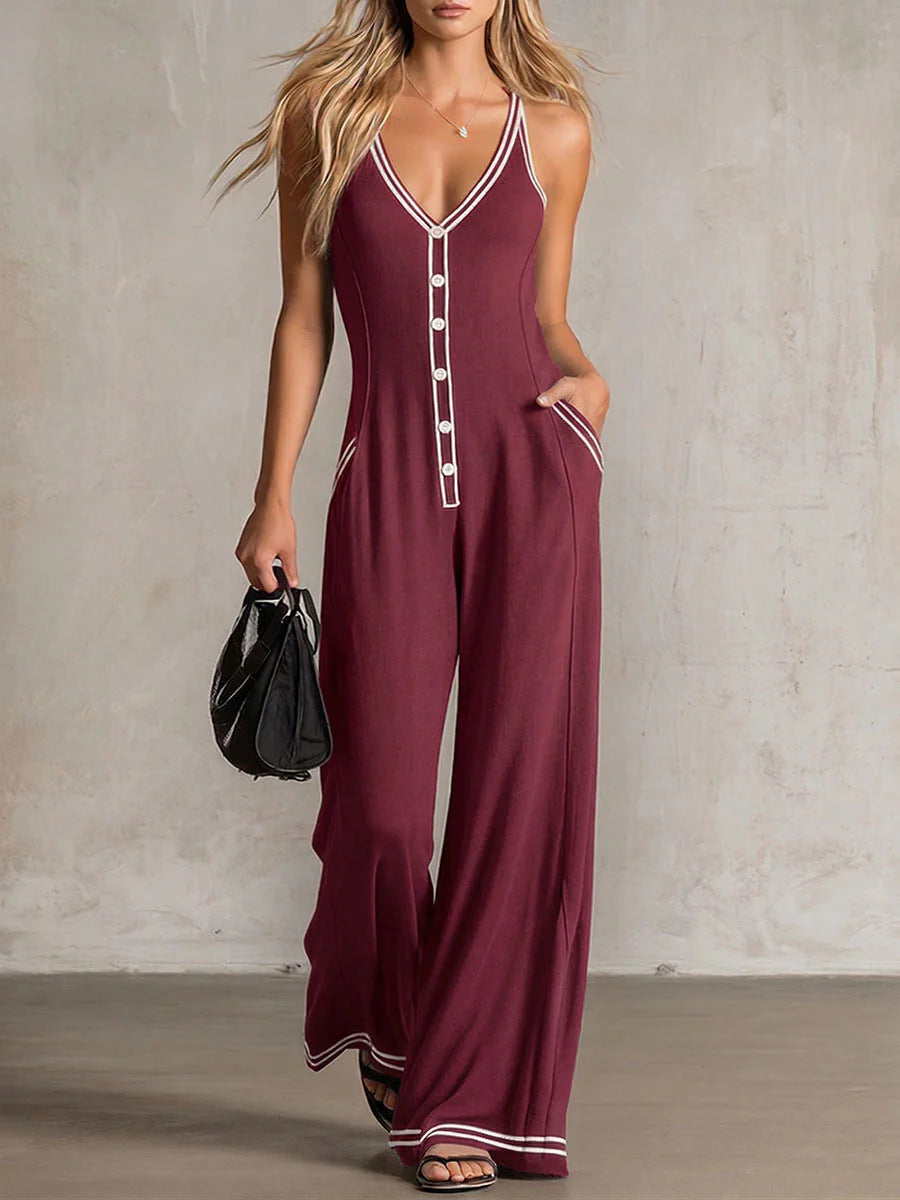 Women's V-Neck Backless Wide-Leg Jumpsuit – High Waist Casual FitiqueFit